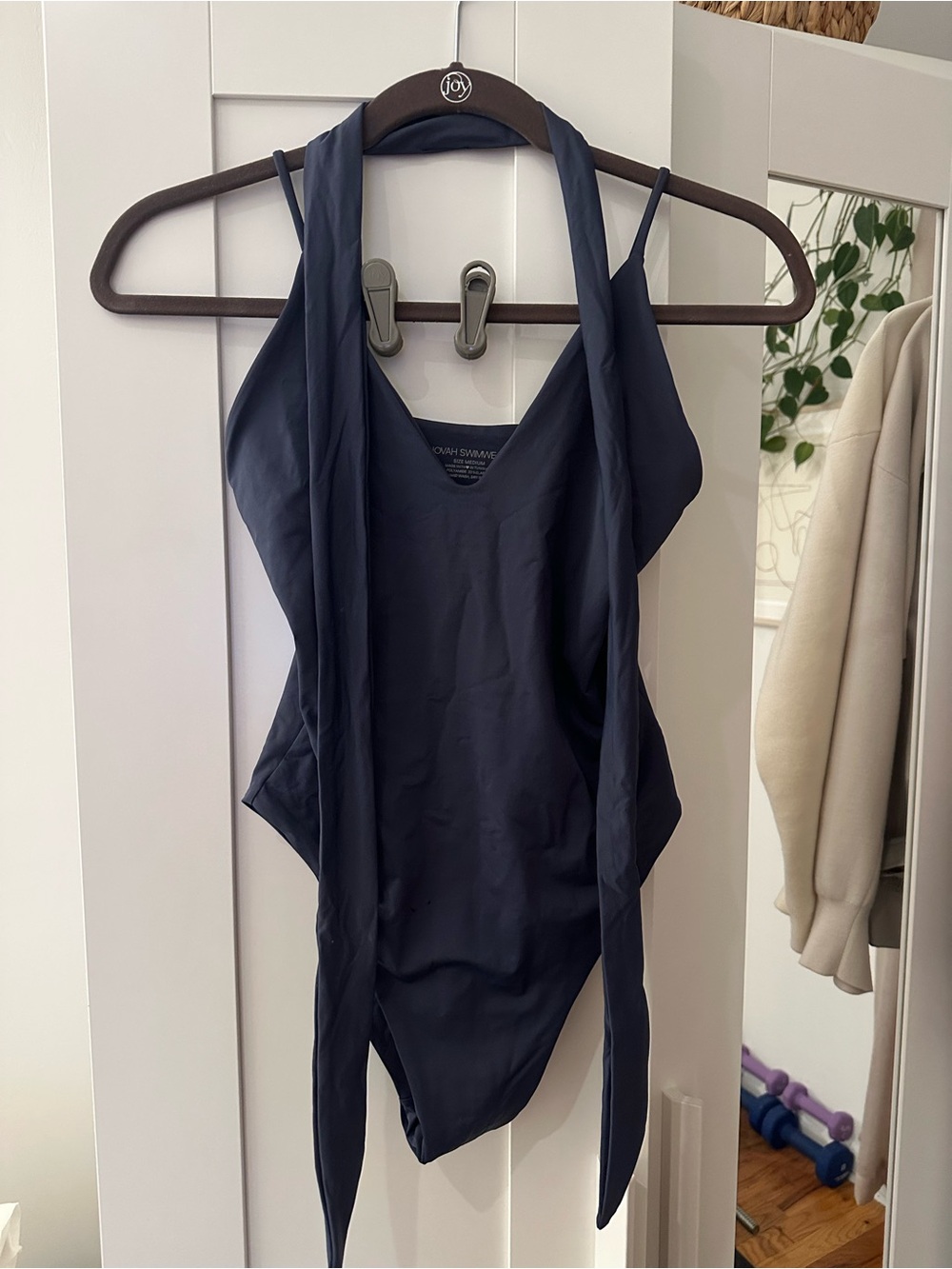Novah Swimwear Women’s V Neck One-Piece w Tie Waist in Blue (Storm Ecoluxe)